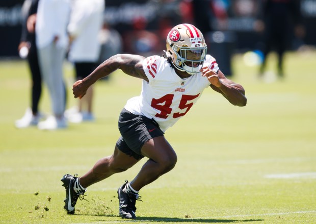 San Francisco 49ers linebacker Nick Martin (45) takes part in a practice on Thursday, May 29, 2025, in Santa Clara, Calif. (Dai Sugano/Bay Area News Group)