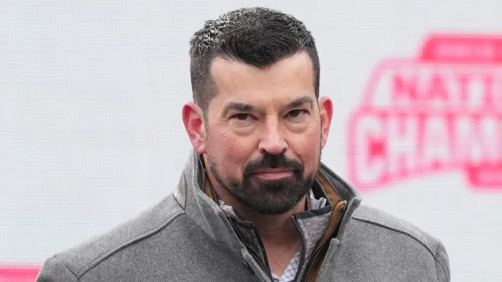 Head coach Ryan Day of the Ohio State Buckeyes delivers remarks during the NCAA Football Championship celebration at Ohio Stadium on January 26, 2025 in Columbus, Ohio.