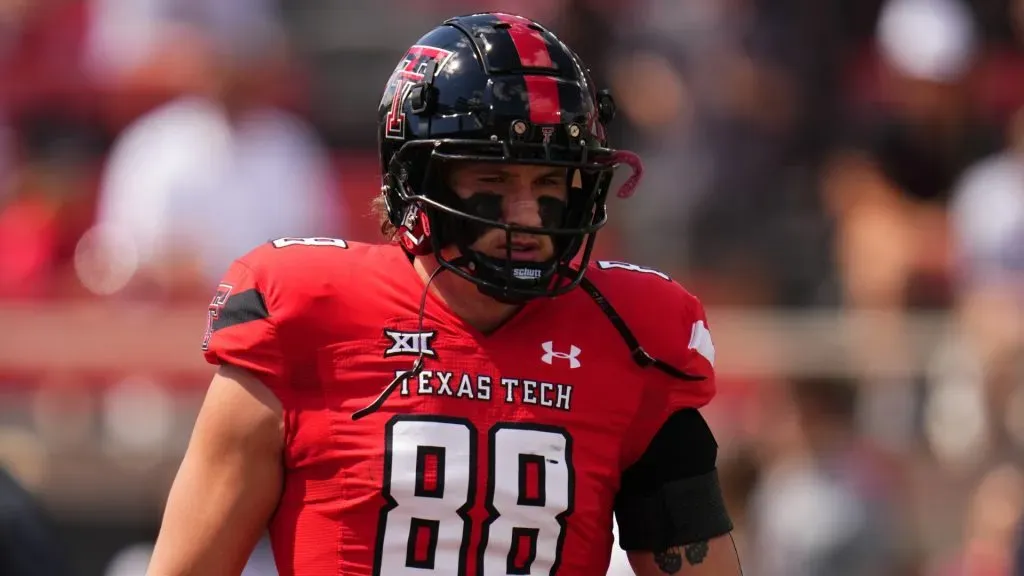 Baylor Cupp #88 of the Texas Tech Red Raiders warms up prior to a game against the Houston Cougars at Jones AT&T Stadium on September 30, 2023 in Lubbock, Texas.