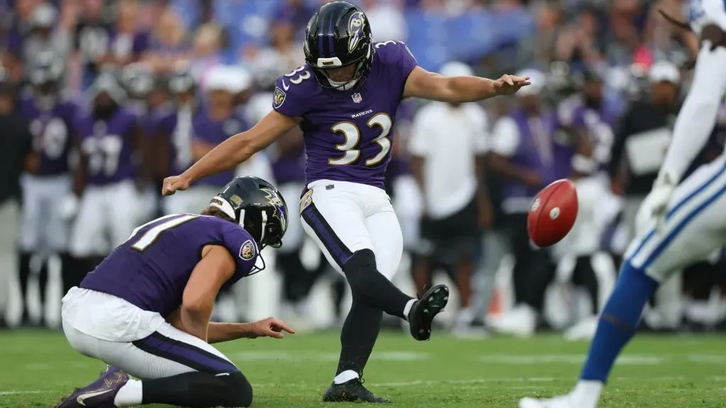 Place kicker Tyler Loop #33 of the Baltimore Ravens in action during the NFL Preseason 2025 game between Indianapolis Colts and Baltimore Ravens at M&T Bank Stadium on August 7, 2025 in Baltimore, Maryland