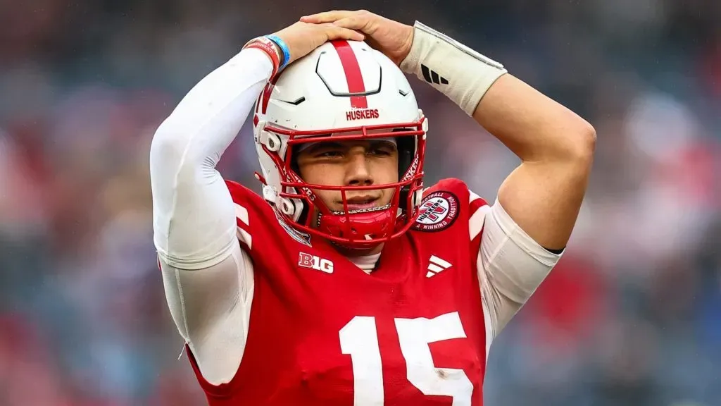 Dylan Raiola #15 of the Nebraska Cornhuskers reacts after an incomplete pass during the first quarter of the Bad Boy Mowers Pinstripe Bowl against the Boston College Eagles at Yankee Stadium on December 28, 2024 in New York City.
