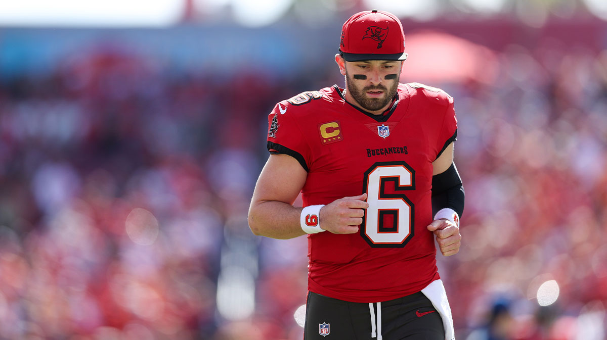 Tampa Bay Buccaneers quarterback Baker Mayfield (6) looks on before a game against the New Orleans Saints at Raymond James Stadium.