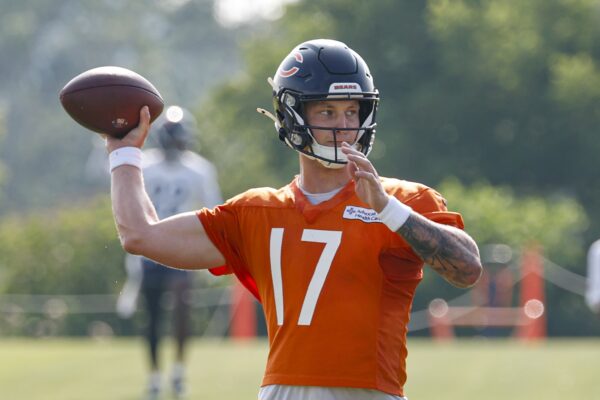 Chicago Bears quarterback Tyson Bagent (17) looks to pass the ball during training camp at Halas Hall.