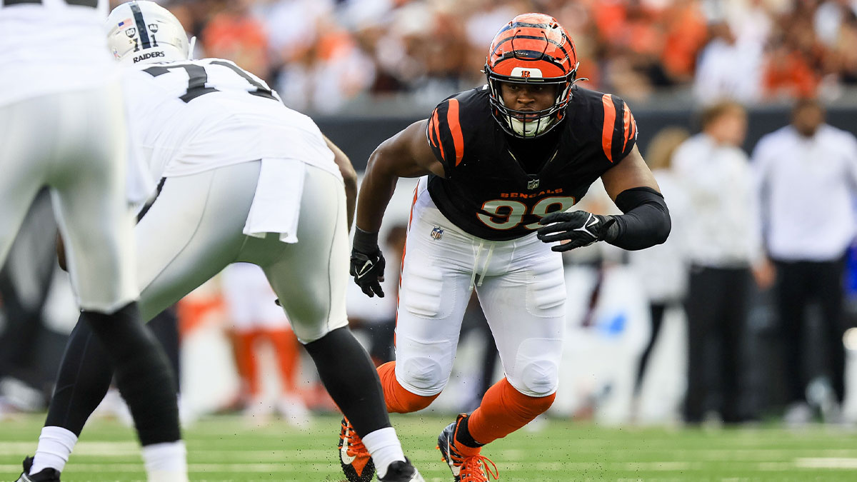 Cincinnati Bengals defensive end Myles Murphy (99) runs a play against the Las Vegas Raiders in the second half at Paycor Stadium.