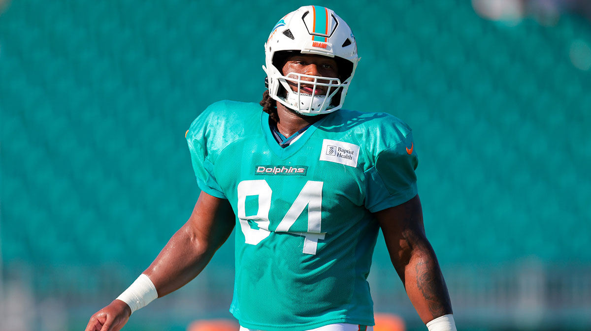 Dolphins defensive tackle Jordan Phillips (94) looks on from the field during training camp at Baptist Health Training Complex