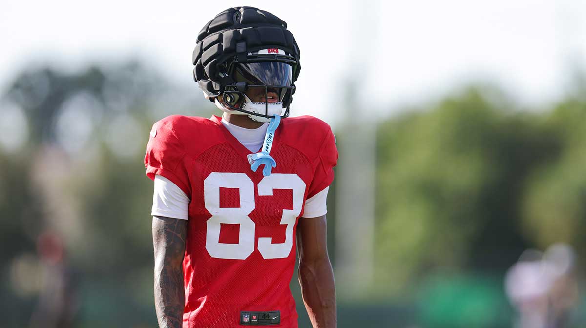 Jul 31, 2025; Tampa, FL, USA; Tampa Bay Buccaneers wide receiver Tez Johnson (83) participates in training camp at AdventHealth Training Center. Mandatory Credit: Nathan Ray Seebeck-Imagn Images