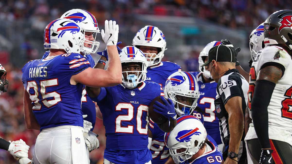 Buffalo Bills running back Frank Gore Jr. (20) celebrates after scoring a touchdown against the Tampa Bay Buccaneers in the first quarter at Raymond James Stadium.