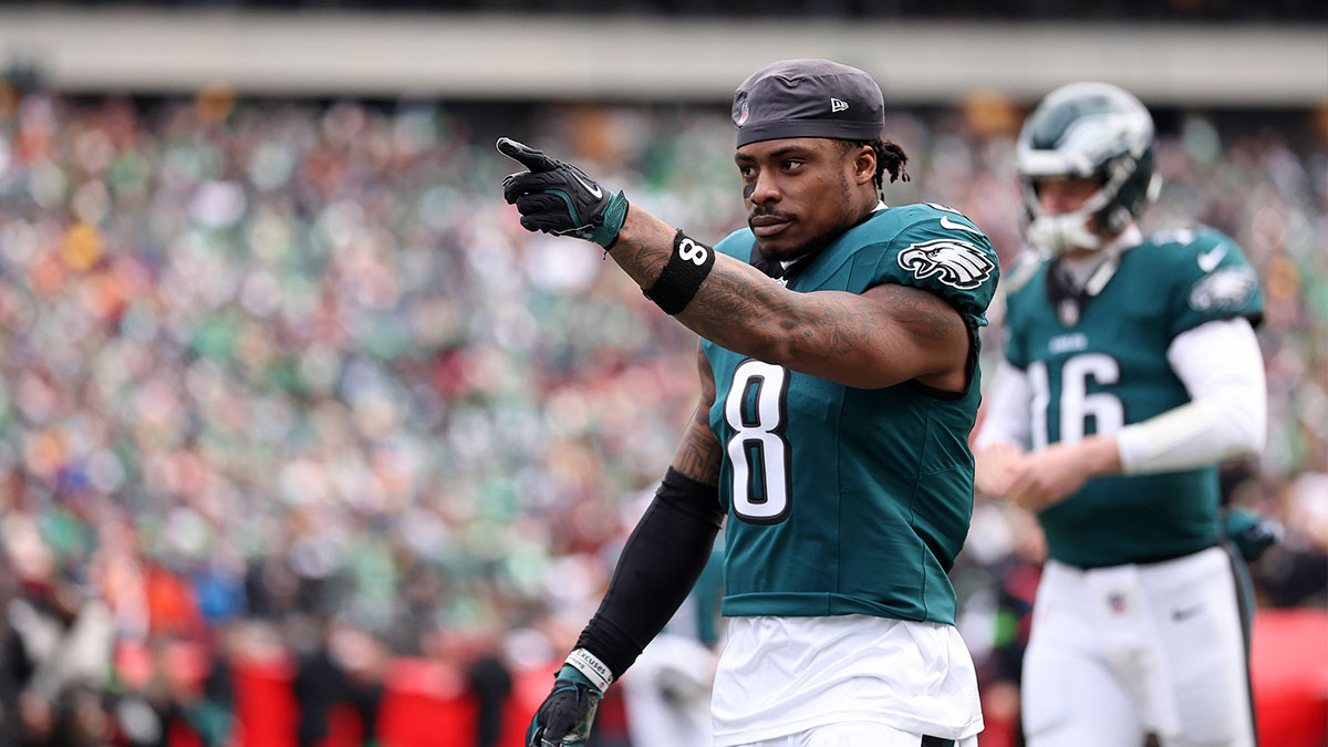 Philadelphia Eagles safety C.J. Gardner-Johnson (8) gestures before the NFC Championship game at Lincoln Financial Field.