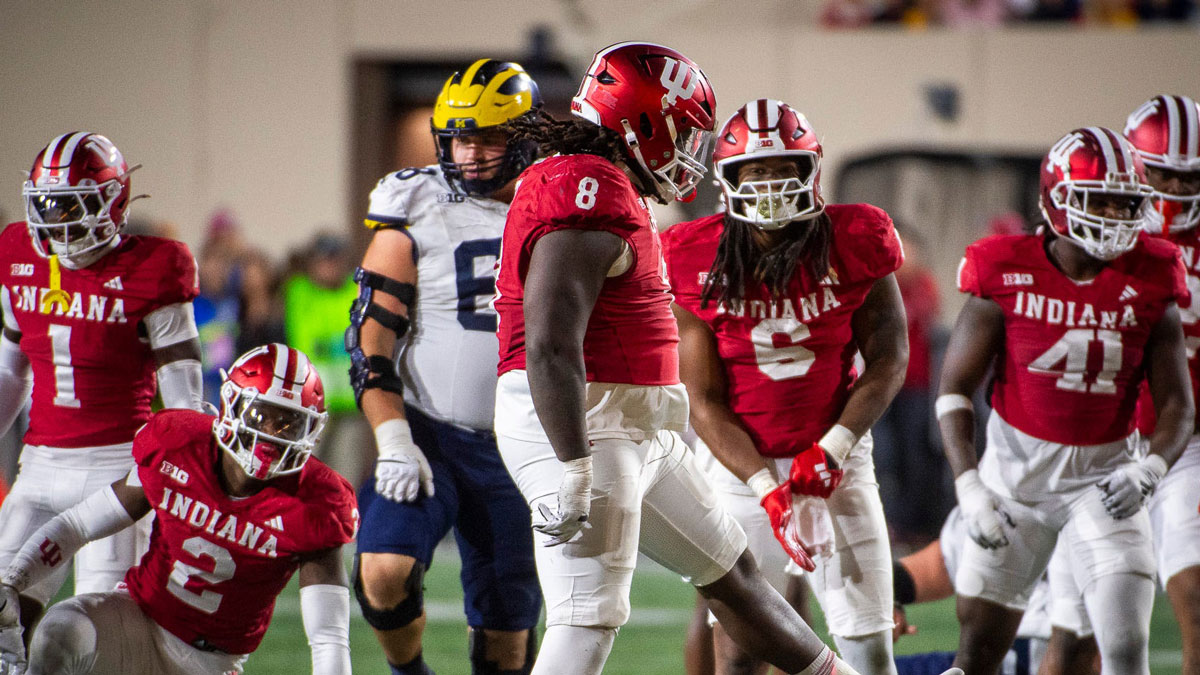 Indiana's CJ West (8) dances after his tackle during the Indiana versus Michigan football game at Memorial Stadium on Friday, Nov. 9, 2024.