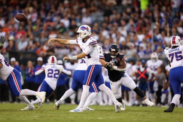 Buffalo Bills quarterback Mike White (14) throws a pass during...
