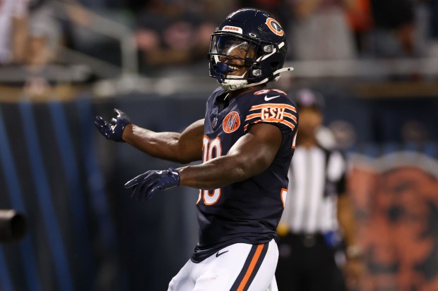 Chicago Bears running back Brittain Brown (38) celebrates after running...