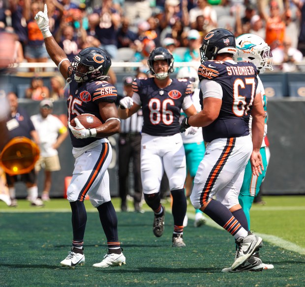 Chicago Bears running back Deion Hankins (35) celebrates a third quarter touchdown against the Miami Dolphins during a game at Soldier Field on Aug. 10, 2025, in Chicago. The game ended in a 24-24 tie. (Stacey Wescott/Chicago Tribune)