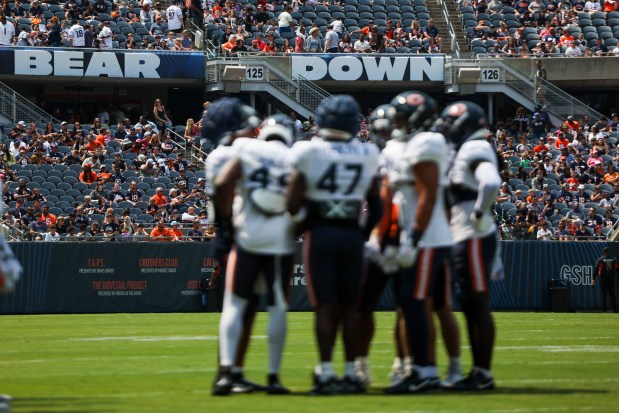 Chicago Bears players warm up during Chicago Bears Family Fest at Soldier Field on Sunday, Aug. 3, 2025. (Eileen T. Meslar/Chicago Tribune)
