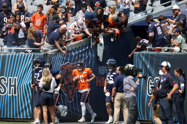 Fans reach to high-five Chicago Bears players during Chicago Bears Family Fest at Soldier Field on Sunday, Aug. 3, 2025. (Eileen T. Meslar/Chicago Tribune)
