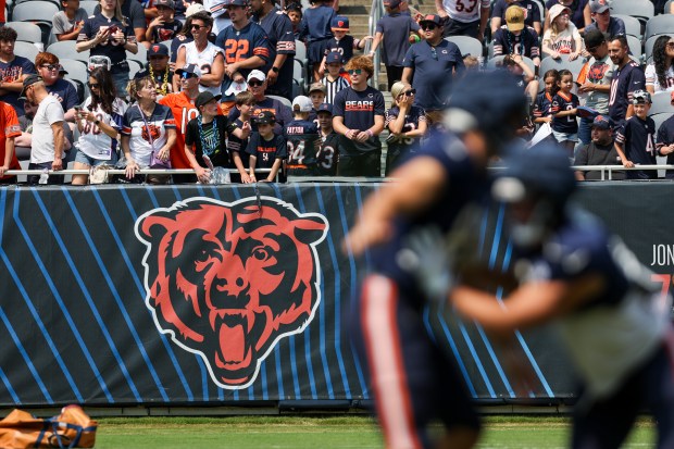 Fans watch Bears players warm up during Chicago Bears Family Fest at Soldier Field on Sunday, Aug. 3, 2025. (Eileen T. Meslar/Chicago Tribune)