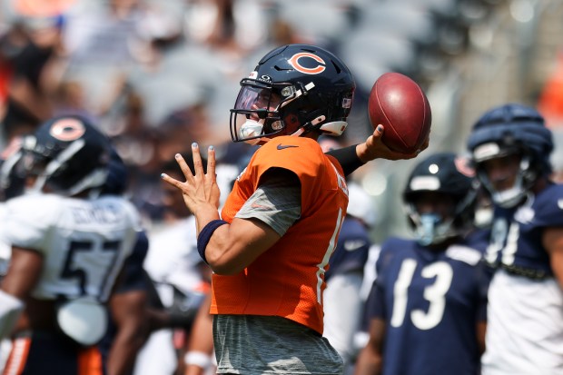 Chicago Bears quarterback Caleb Williams (18) looks to pass in warmups during Chicago Bears Family Fest at Soldier Field on Sunday, Aug. 3, 2025. (Eileen T. Meslar/Chicago Tribune)