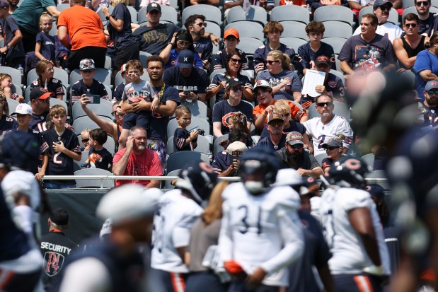 Chicago Bears fans watch players warm up during Chicago Bears Family Fest at Soldier Field on Sunday, Aug. 3, 2025. (Eileen T. Meslar/Chicago Tribune)