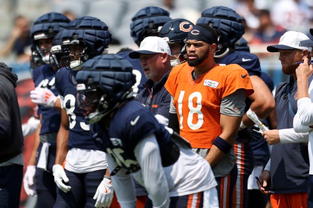 Chicago Bears quarterback Caleb Williams (18) stands on the field during Chicago Bears Family Fest at Soldier Field on Sunday, Aug. 3, 2025. (Eileen T. Meslar/Chicago Tribune)