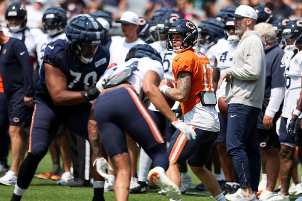 Chicago Bears quarterback Tyson Bagent (17) looks to pass in warmups during Chicago Bears Family Fest at Soldier Field on Sunday, Aug. 3, 2025. (Eileen T. Meslar/Chicago Tribune)