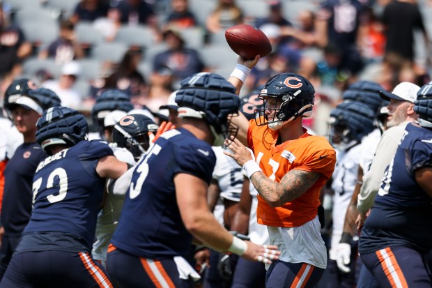 Chicago Bears quarterback Tyson Bagent (17) looks to pass in warmups during Chicago Bears Family Fest at Soldier Field on Sunday, Aug. 3, 2025. (Eileen T. Meslar/Chicago Tribune)
