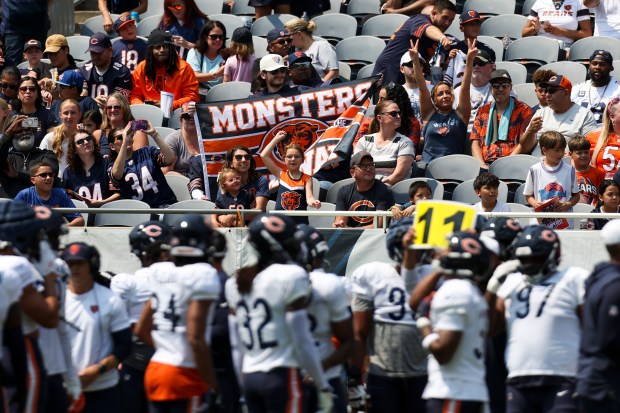 Chicago Bears fans cheer during Chicago Bears Family Fest at Soldier Field on Sunday, Aug. 3, 2025. (Eileen T. Meslar/Chicago Tribune)