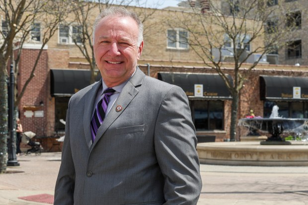 Incoming mayor Jim Tinaglia in downtown Arlington Heights on April 28, 2025. (Eileen T. Meslar/Chicago Tribune)