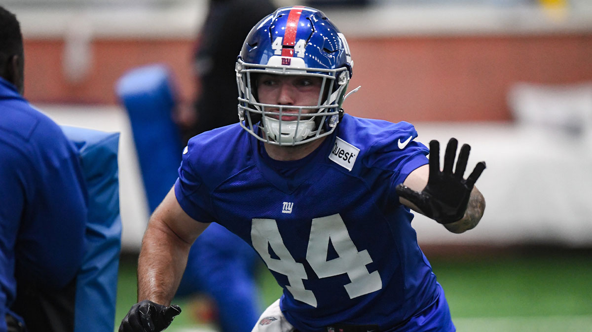 May 9, 2025; East Rutherford, NJ, USA; New York Giants running back Cam Skattebo (44) participates in a drill during rookie minicamp at Quest Diagnostics Training Center. Mandatory Credit: John Jones-Imagn Images