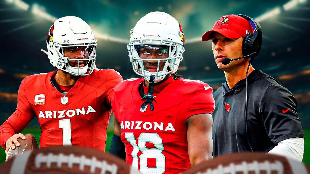 Arizona Cardinals star Marvin Harrison Jr. in the center with Kyler Murray and Jonathan Gannon on either side in front of State Farm Stadium.