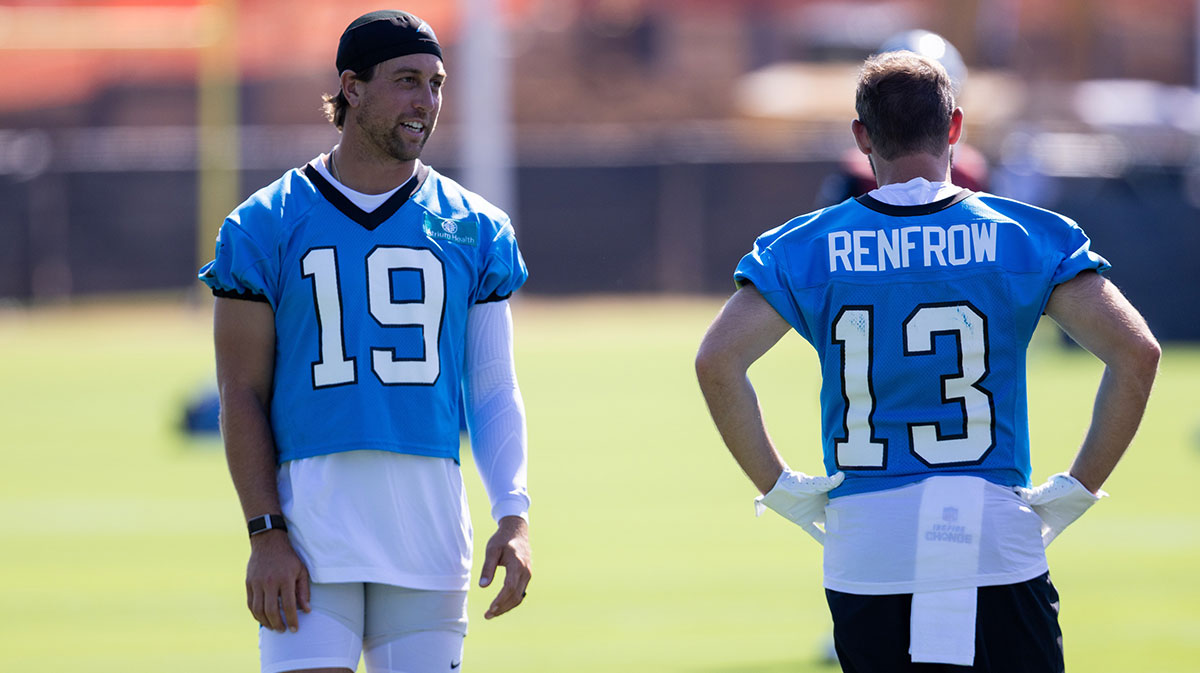 Carolina Panthers wide receiver Adam Thielen (19) talks with wide receiver Hunter Renfrow (13) during Panthers Training Camp.