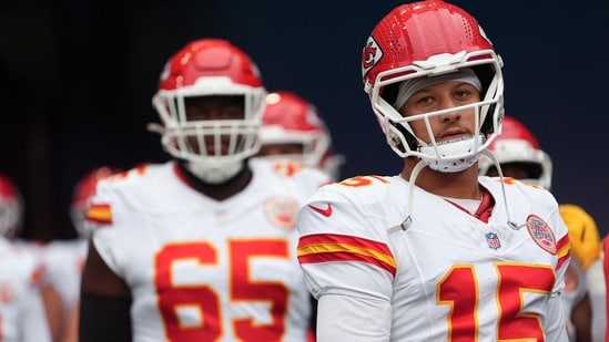 Kansas City Chiefs quarterback Patrick Mahomes waits with teammates to walk on to the field.(AP)