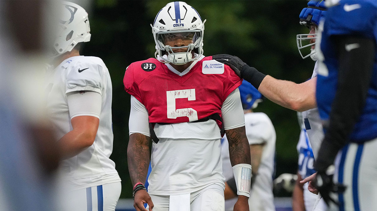 Indianapolis Colts quarterback Anthony Richardson Sr. (5) walks up the field Thursday, July 31, 2025, during Colts Training Camp at Grand Park in Westfield.
