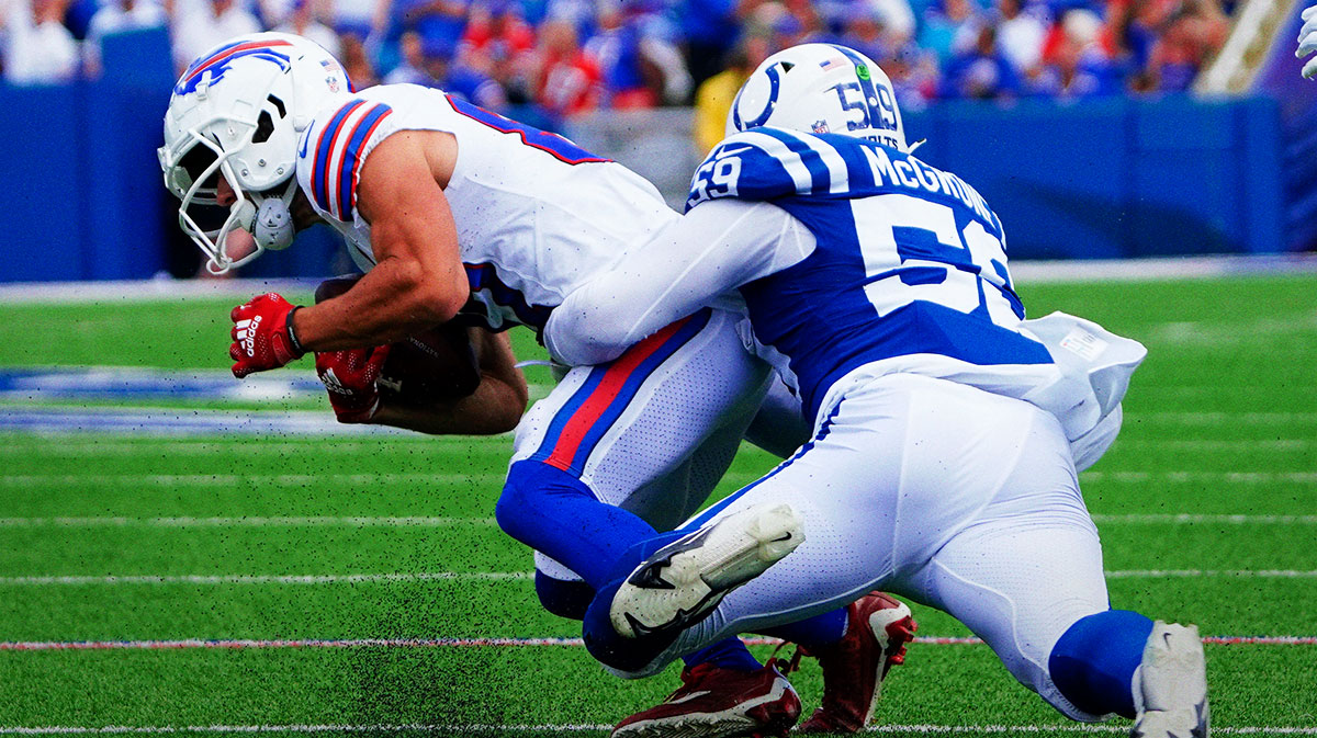 Indianapolis Colts linebacker Cameron McGrone (59) tackles Buffalo Bills wide receiver Jalen Wayne (87) after he made a catch during the second half at Highmark Stadium.