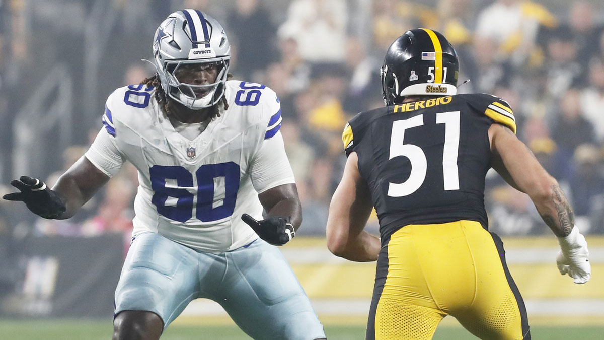 Dallas Cowboys offensive tackle Tyler Guyton (60) blocks at the line of scrimmage against Pittsburgh Steelers linebacker Nick Herbig (51) during the first quarter at Acrisure Stadium.