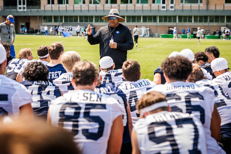 BYU head coach Kalani Sitake addresses his team during the first day of fall camp, July 30, 2025, in Provo, Utah.