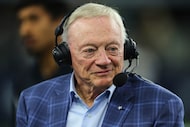 Dallas Cowboys team owner Jerry Jones gives a broadcast interview before the team's...