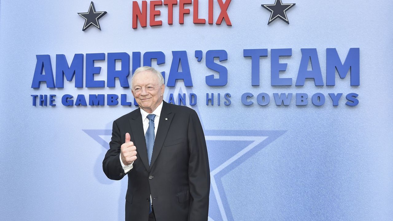 Jerry Jones arrives at the premiere of "America's Team: The Gambler and His Cowboys" on Monday, Aug. 11, 2025, at The Egyptian Theatre in Los Angeles. (Photo by Richard Shotwell/Invision/AP)