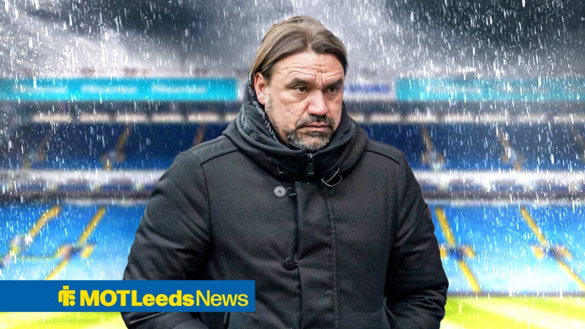 Daniel Farke looking sad, with Elland Road in the background