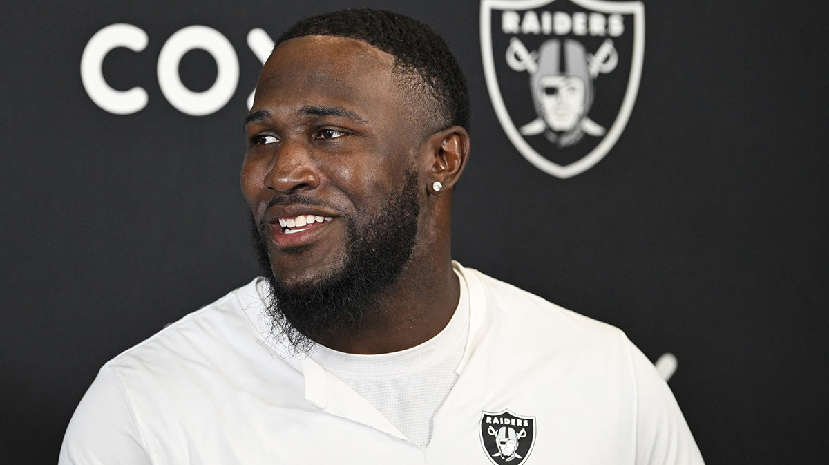 Las Vegas Raiders linebacker Devin White (45) speaks to the media during Las Vegas Raiders Minicamp at Intermountain Health Performance Center.