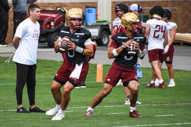 Boston College quarterbacks Dylan Lonergan, Grayson James