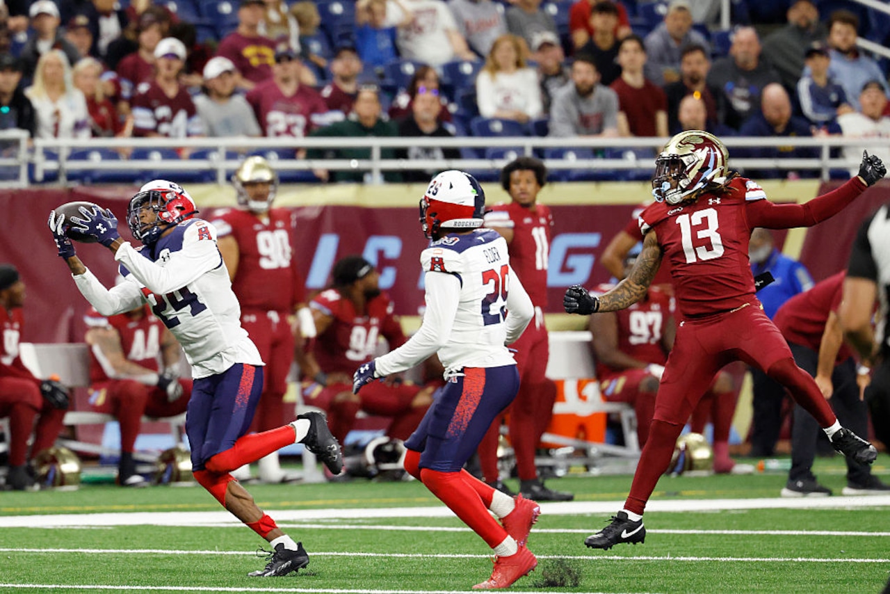 Houston Roughnecks cornerback Keenan Isaac intercepts a pass during a United Football League game against the Michigan Panthers on Saturday, May 31, 2025, at Ford Field in Detroit.