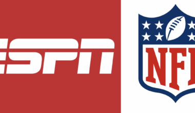 ESPN logo on red pairs with the NFL shield on white, highlighting Disney’s connection to the Super Bowl.