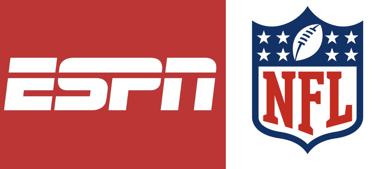 ESPN logo on red pairs with the NFL shield on white, highlighting Disney’s connection to the Super Bowl.