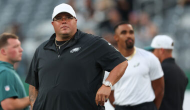 Ohio State Buckeyes defensive end Caden Curry (92) pressures Texas Longhorns quarterback Arch Manning (16) during the second half of the NCAA football game at Ohio Stadium on Aug. 30, 2025. Ohio State won 14-7.