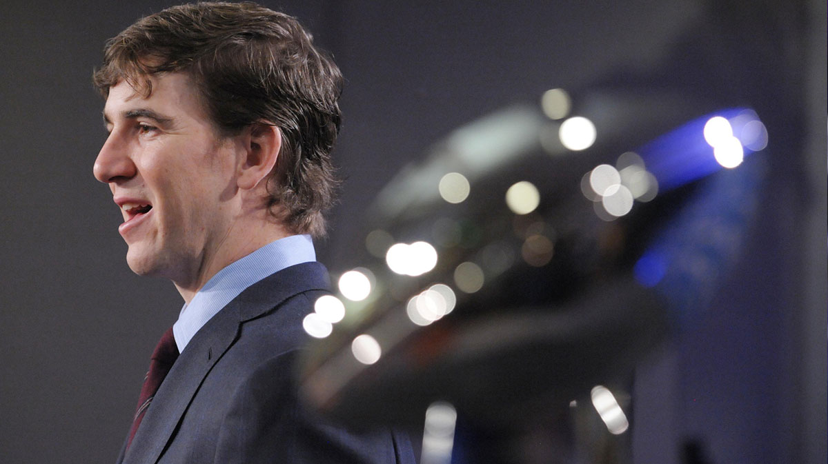 Eli Manning with Lombardi Trophy after the New York Giants won the Super Bowl.