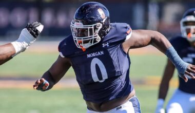 Elijah Williams, Morgan State HBCU football star, lines up on defense during a game before joining the NFL Minnesota Vikings.