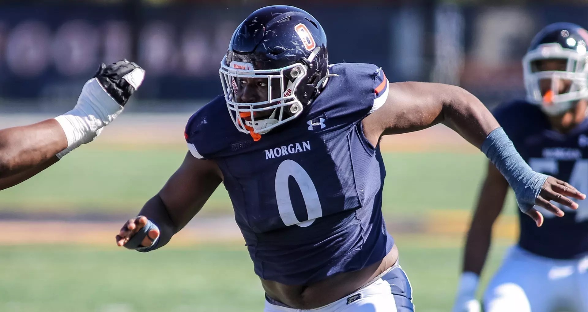Elijah Williams, Morgan State HBCU football star, lines up on defense during a game before joining the NFL Minnesota Vikings.