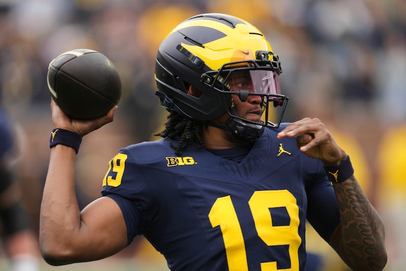 Michigan quarterback Bryce Underwood throws during spring game in Ann Arbor, Mich., Saturday, April 19, 2025.
