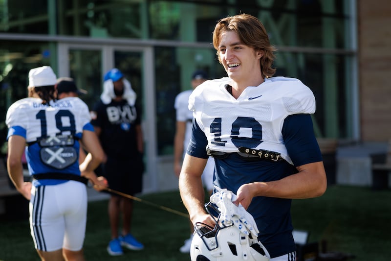 BYU receiver Reggie Frischknecht looks on during a practice Aug. 5, 2025, in Provo.