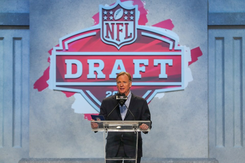 KANSAS CITY, MO - APRIL 27: Commissioner Roger Goodell announces a pick from the podium in the first round of the NFL Draft on April 27, 2023 at Union Station in Kansas City, MO. (Photo by Scott Winters/Icon Sportswire via Getty Images)