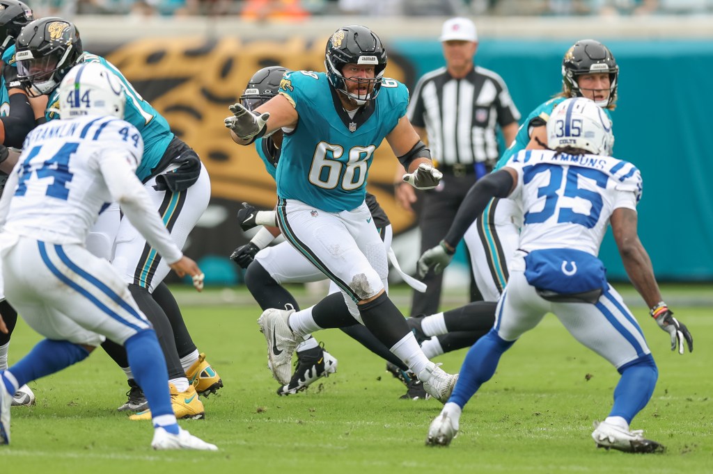 Brandon Scherff (68) started every NFL game he played across 10 seasons, including his final three, which were play with the Jacksonville Jaguars. 